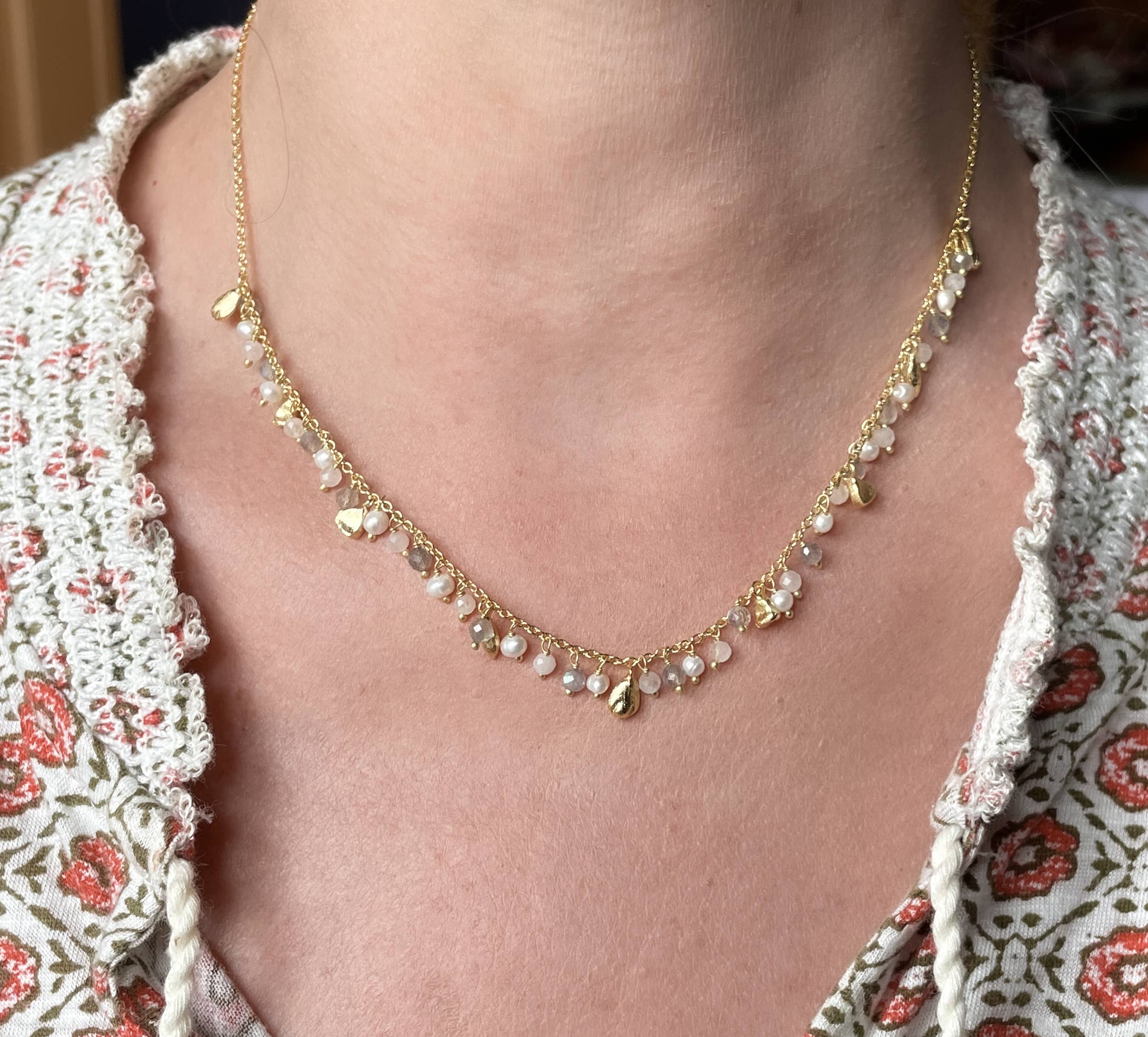 Pearl and labradorite cluster necklace