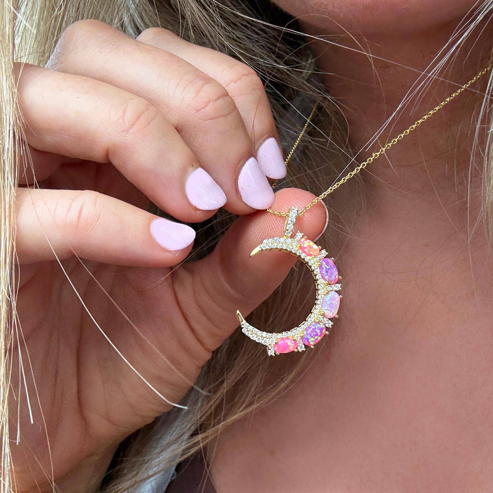 Pink Opal Crescent Moon Pendant