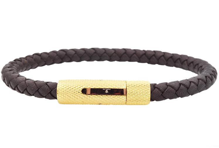 Men's Brown Leather And Gold Stain Stainless Bracelet