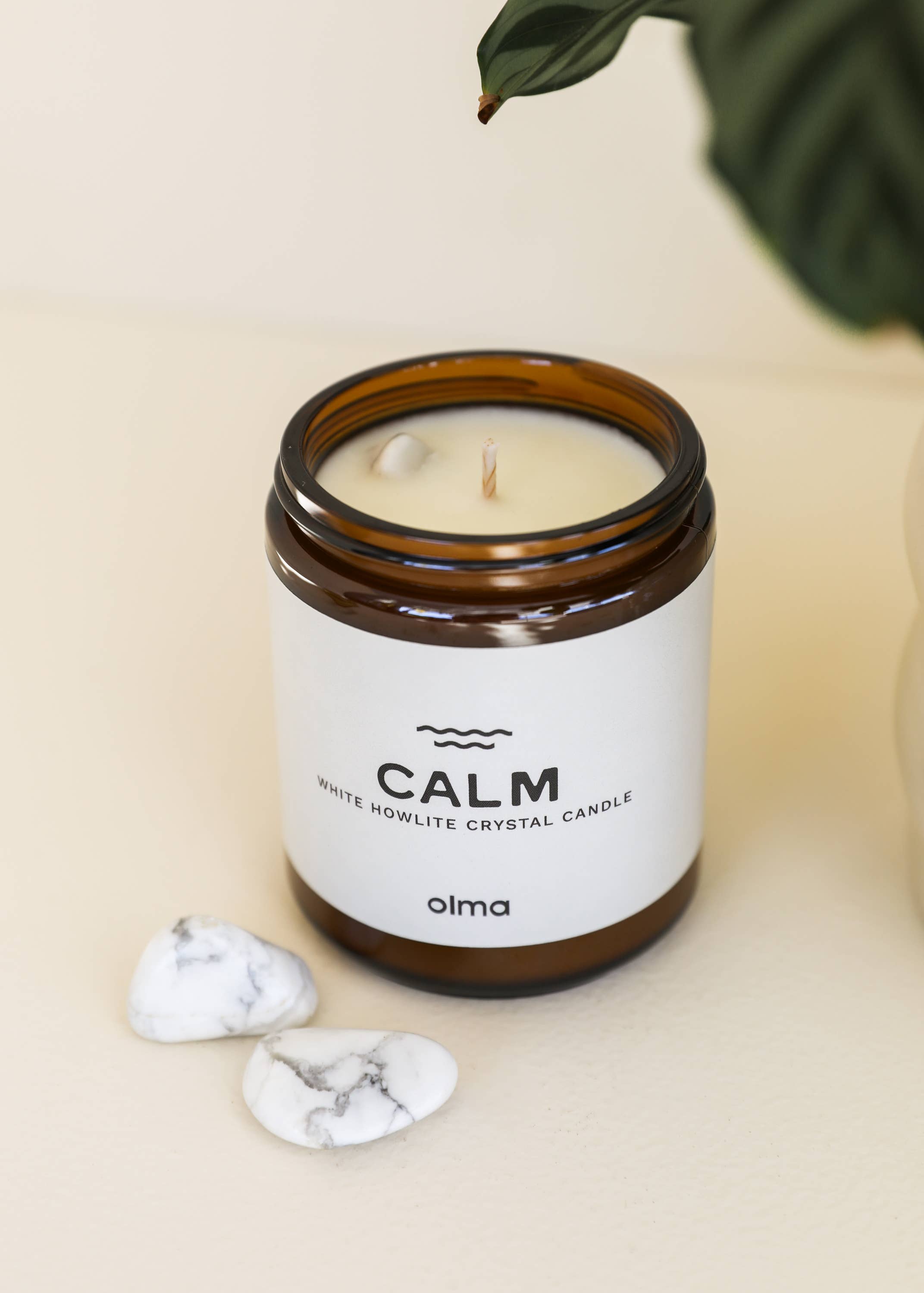 Calm Intention Candle - White Howlite Crystal - Amber