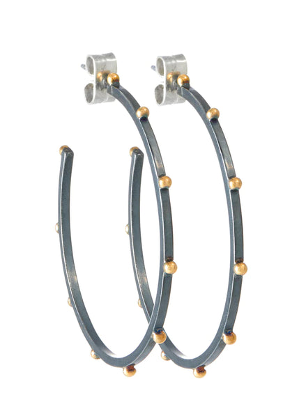 Large Beaded Hoop Lluvia Earrings in Oxidized Sterling Silver and 14K Gold