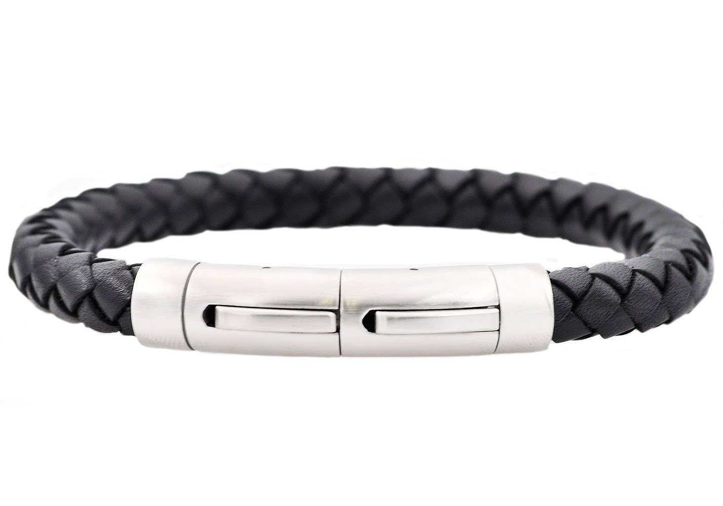 Men's Black Leather Stainless Steel Extendable Bracelet