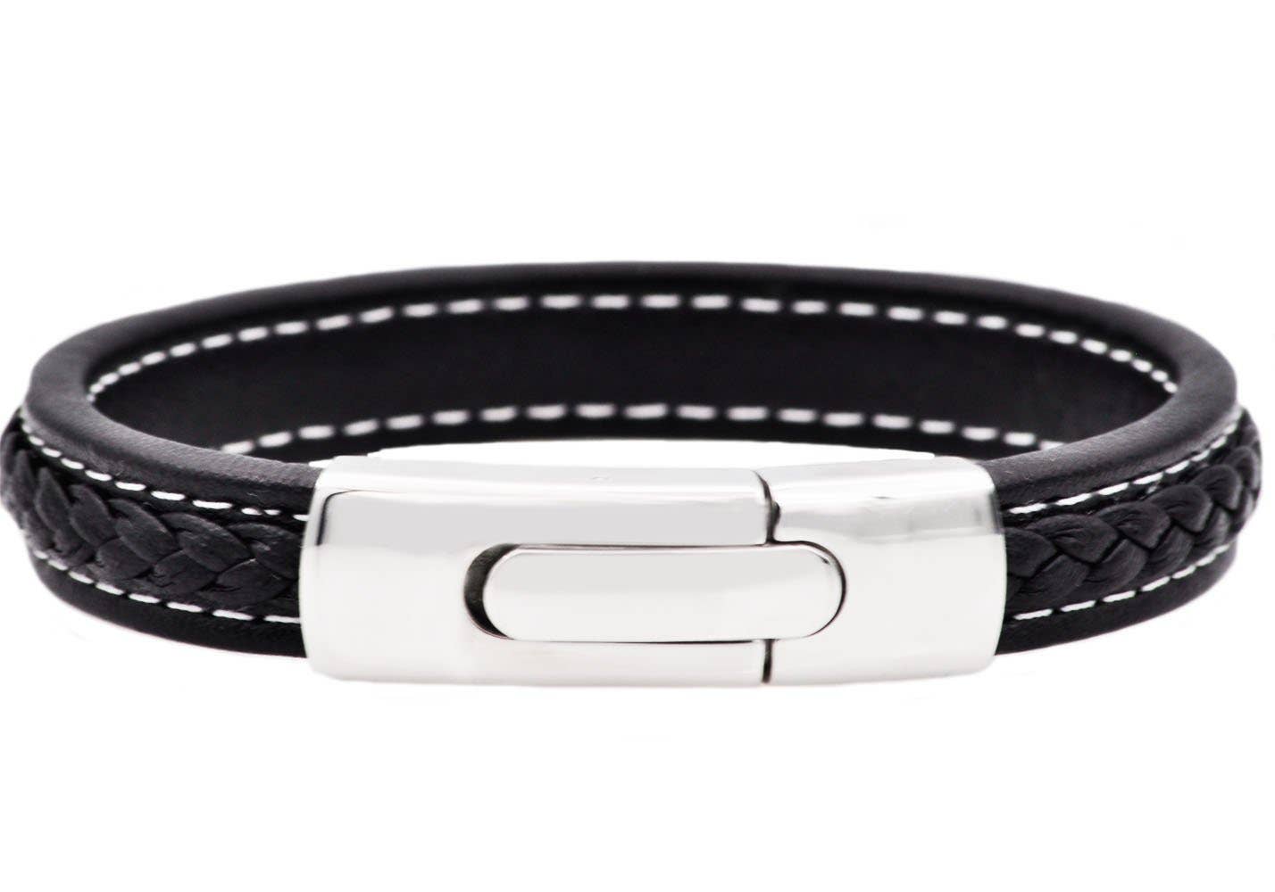 Men's Stainless Steel Genuine Black Leather Bracelet