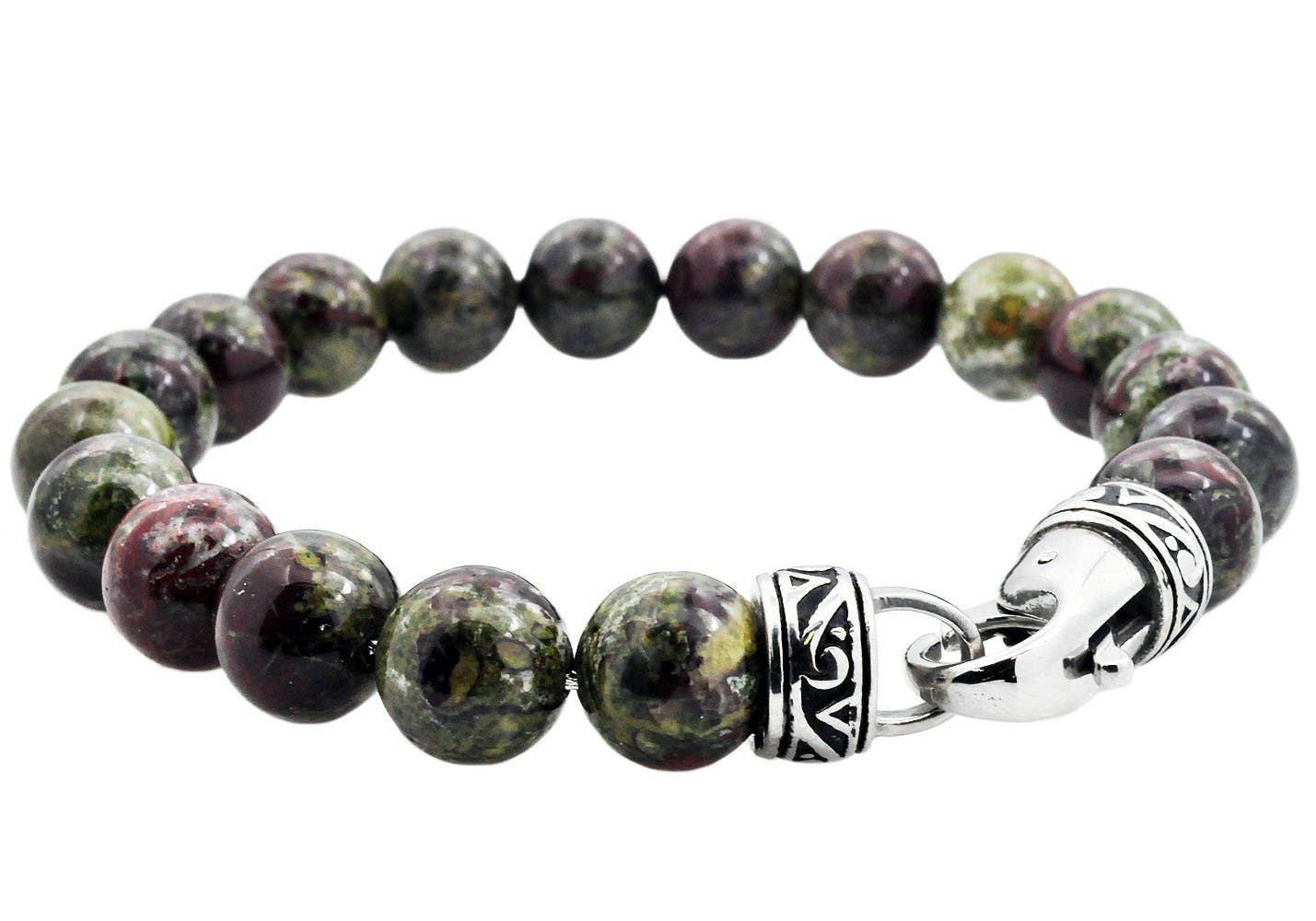 Men's Genuine Dragon Stone Stainless Steel Beaded Bracelet