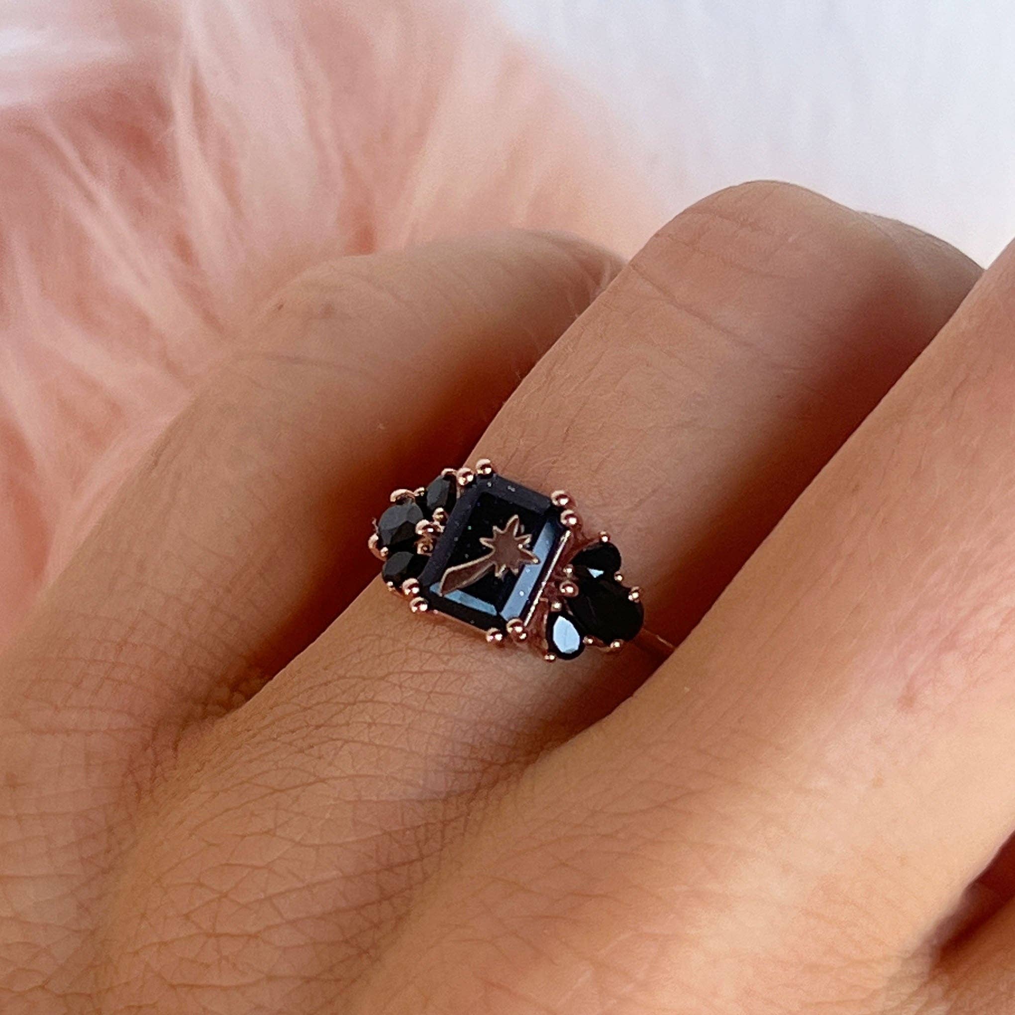 Rose Gold Sunstone & Black Onyx Wish Upon A Shooting Star Ri