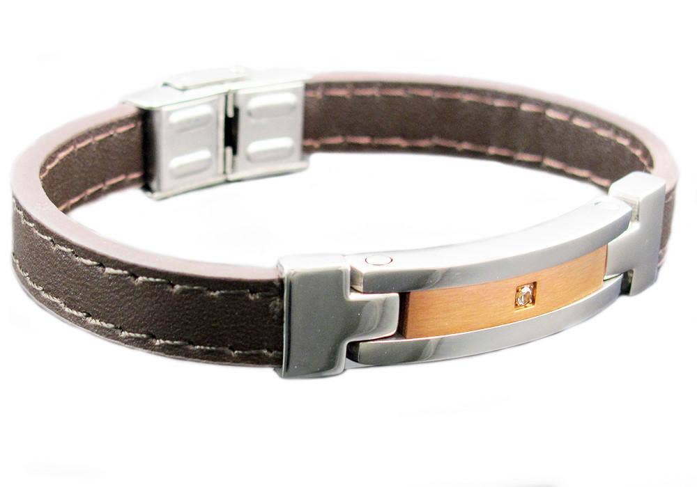 Men's Brown Leather And Stainless Steel Bracelet With Cubic Zirconia