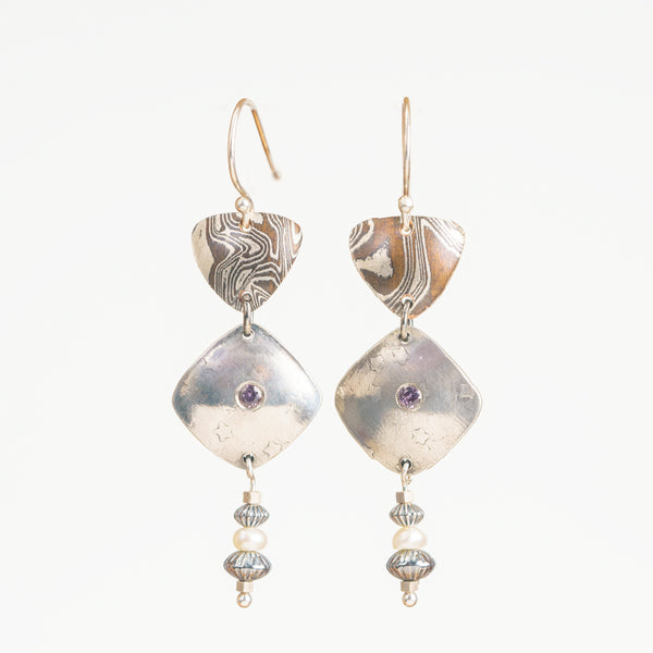 Textured Silver Earrings with Mixed Stones