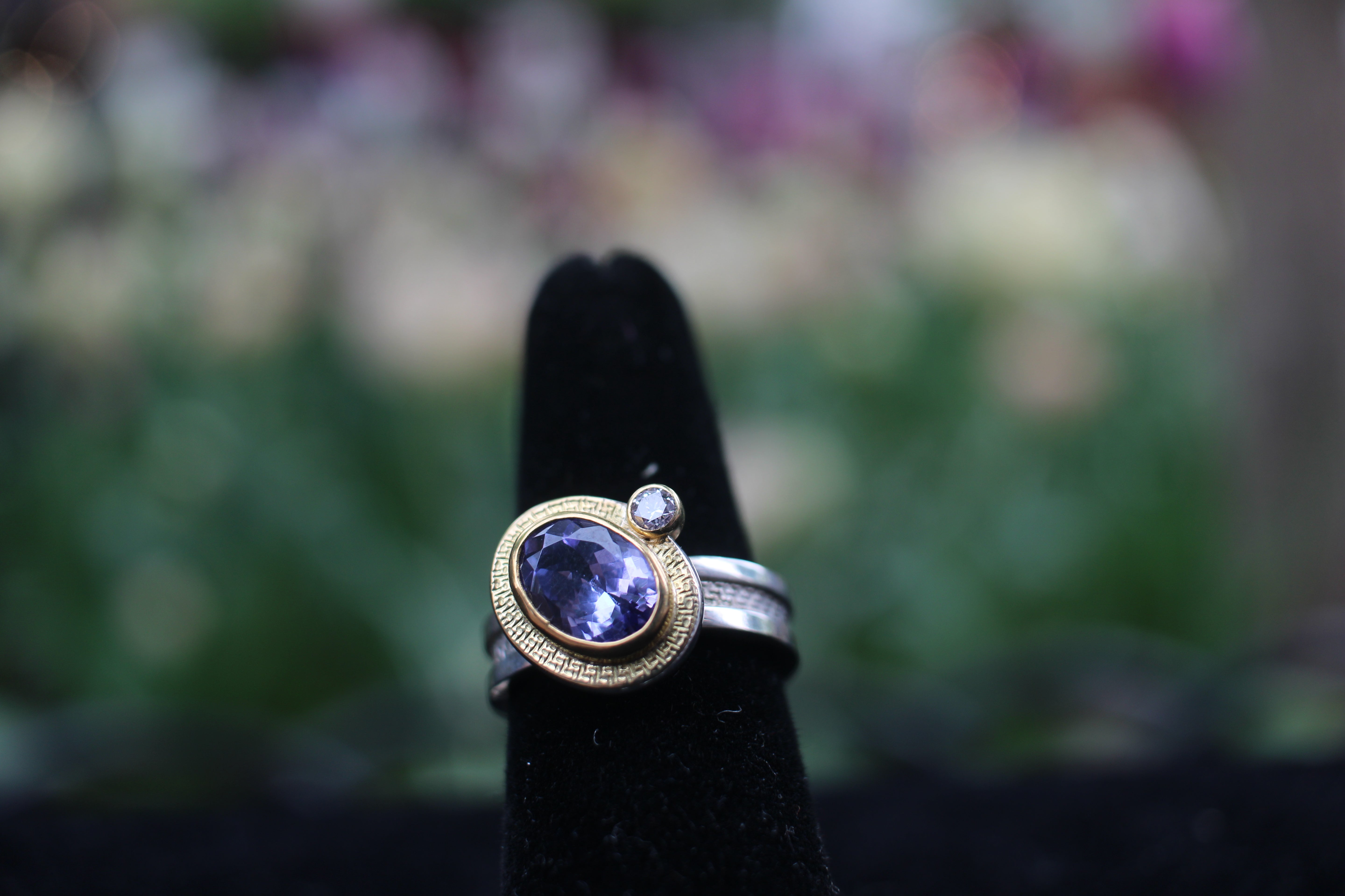 Gilded Era Tanzanite and diamond gold and silver ring