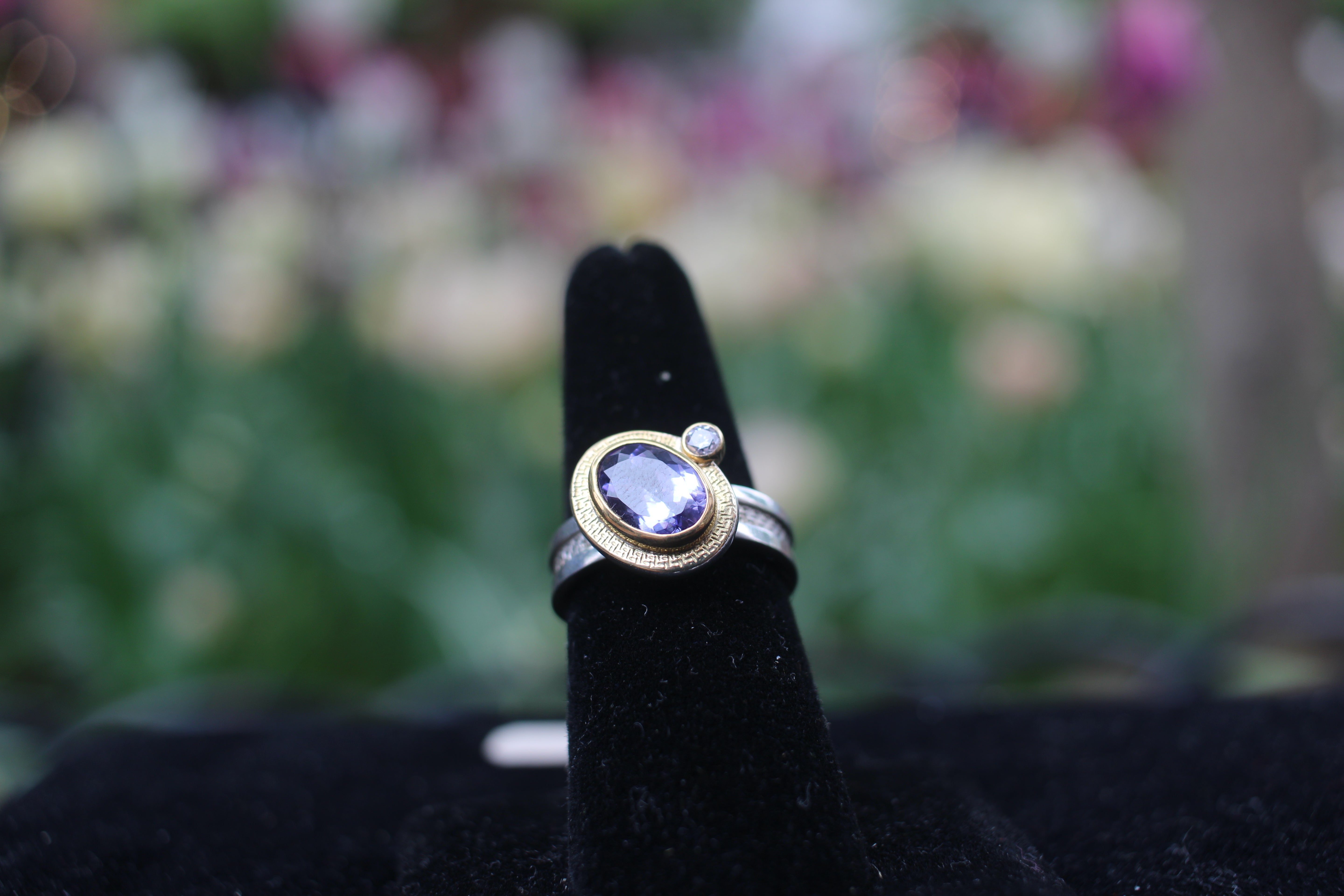 Gilded Era Tanzanite and diamond gold and silver ring