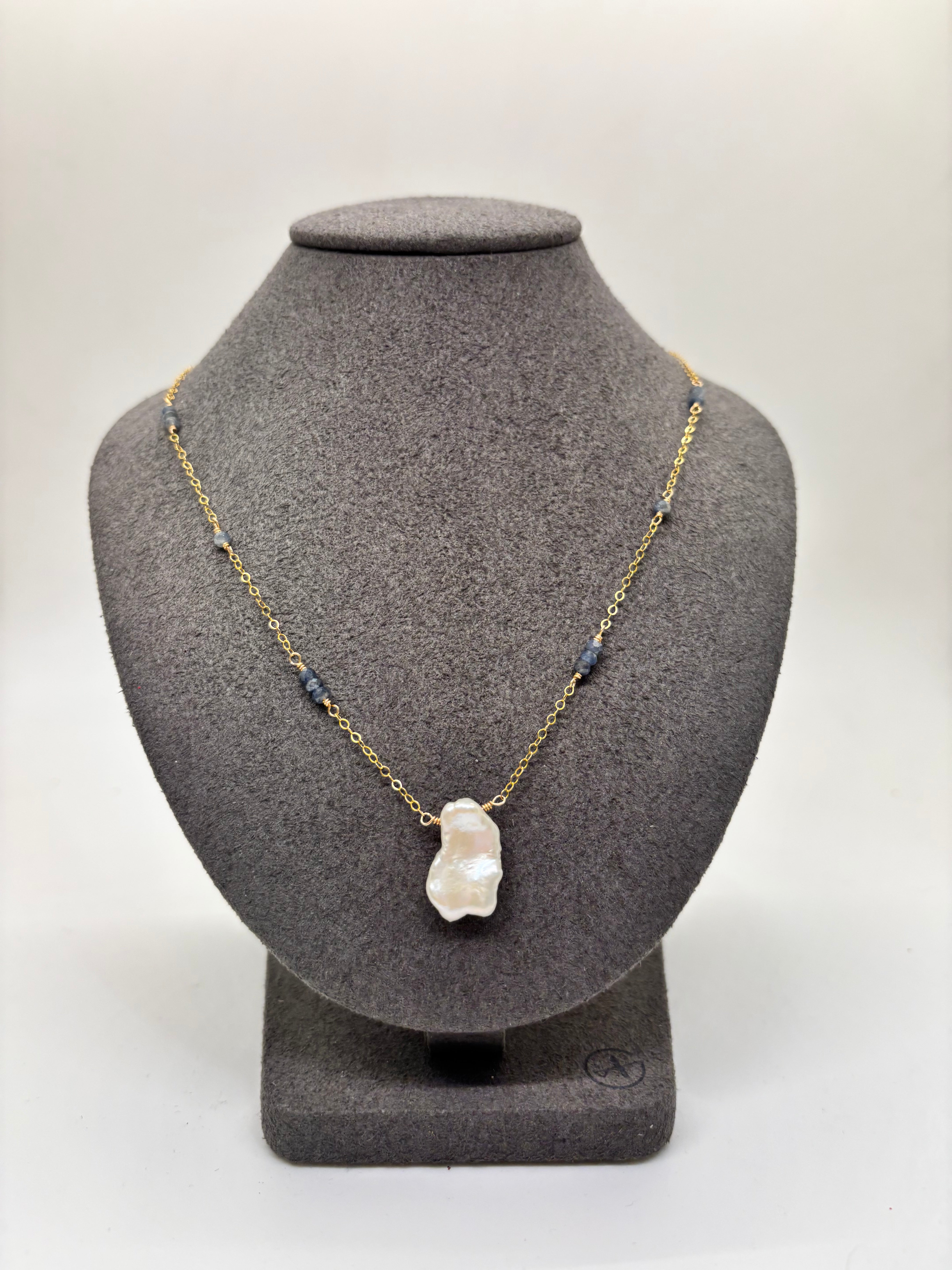 Keshi Pearl & Sapphire Gold Necklace