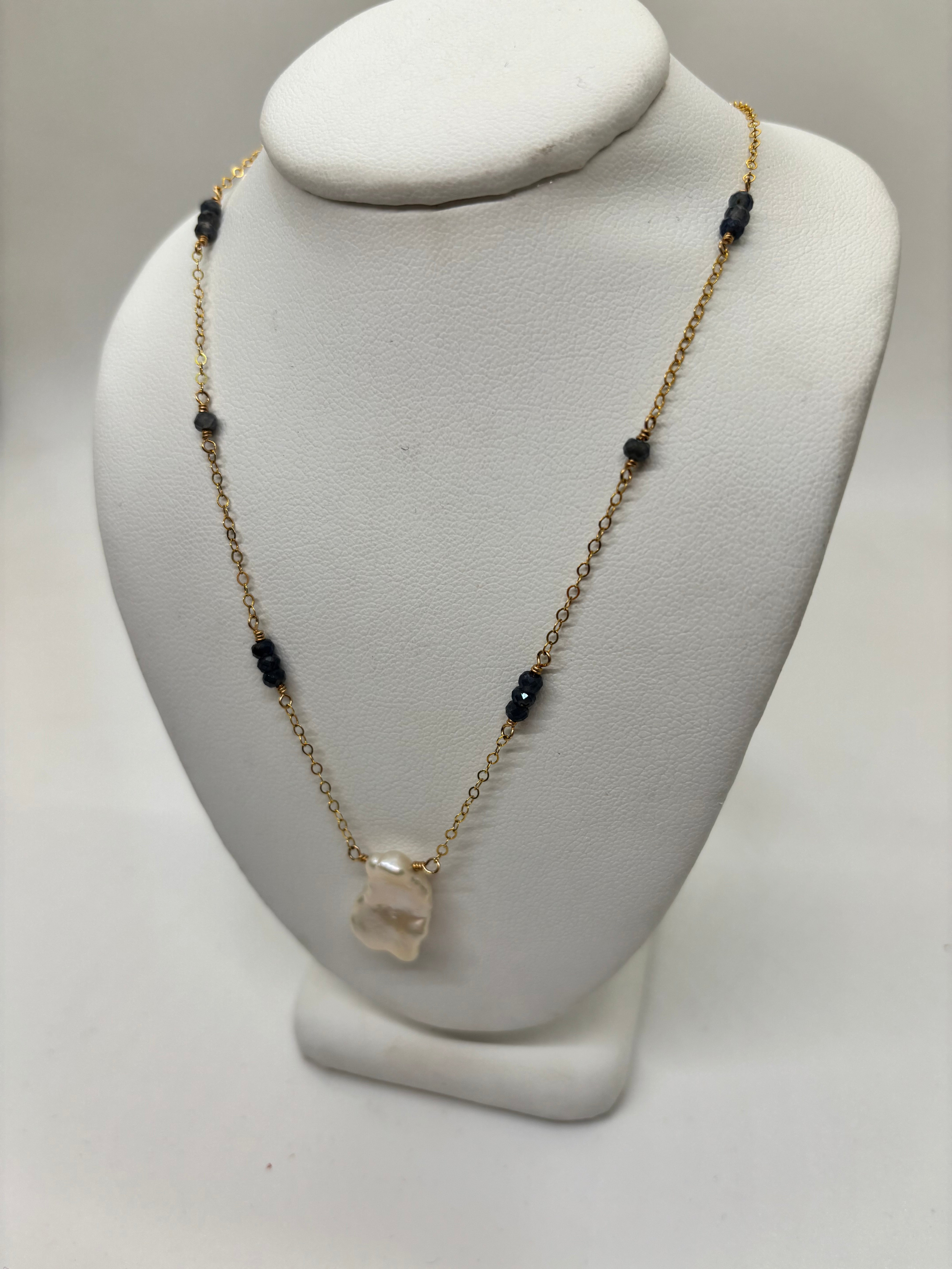 Keshi Pearl & Sapphire Gold Necklace