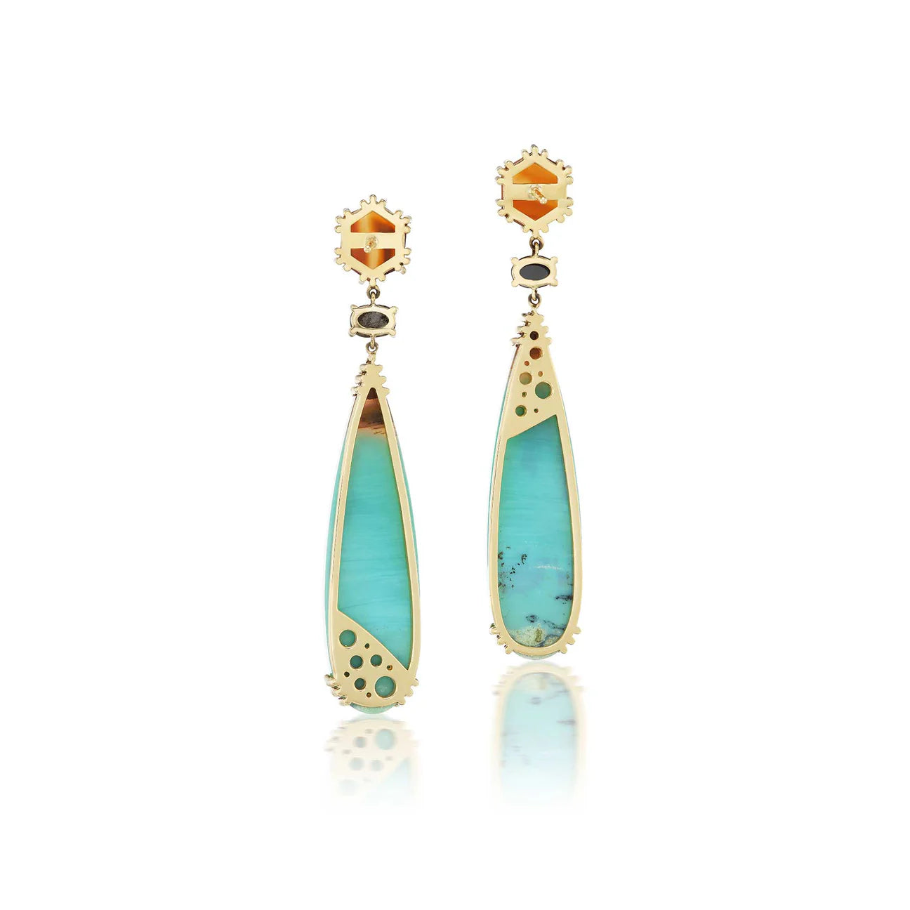 Land and Sky Agate, Black Diamond and Opalized Wood Earrings