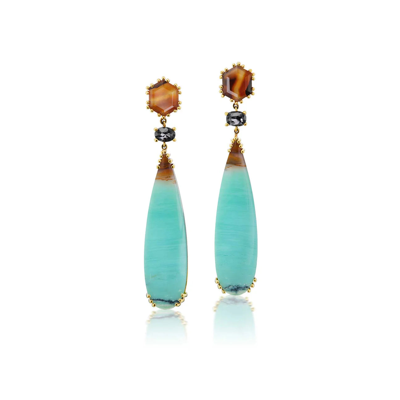 Land and Sky Agate, Black Diamond and Opalized Wood Earrings