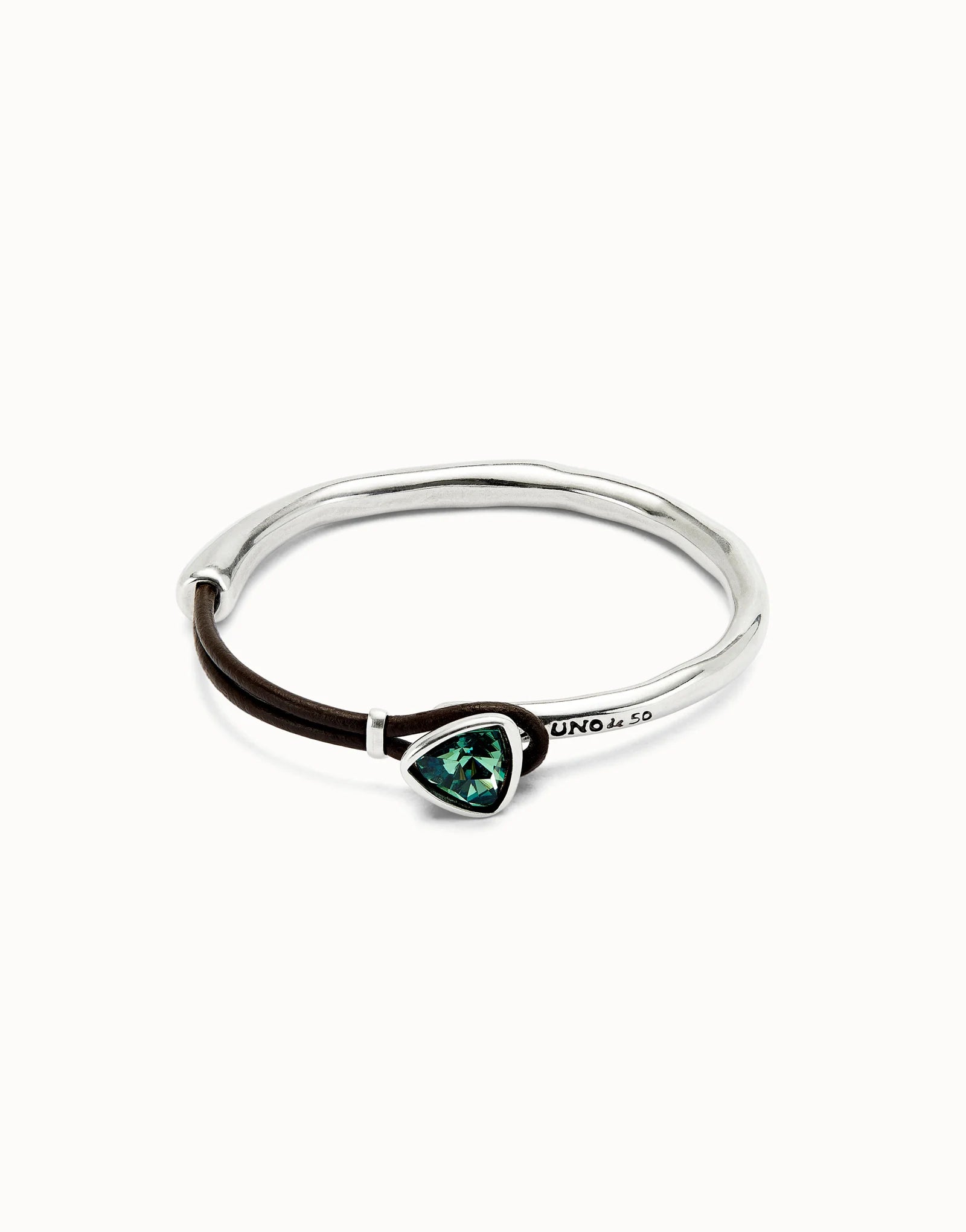 Bangle bracelet with leather and green crystal