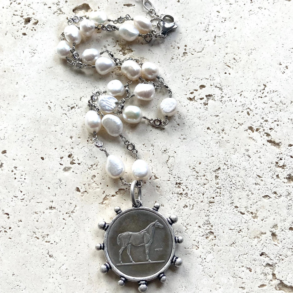 Pearl Necklace with Horse Coin Medallion