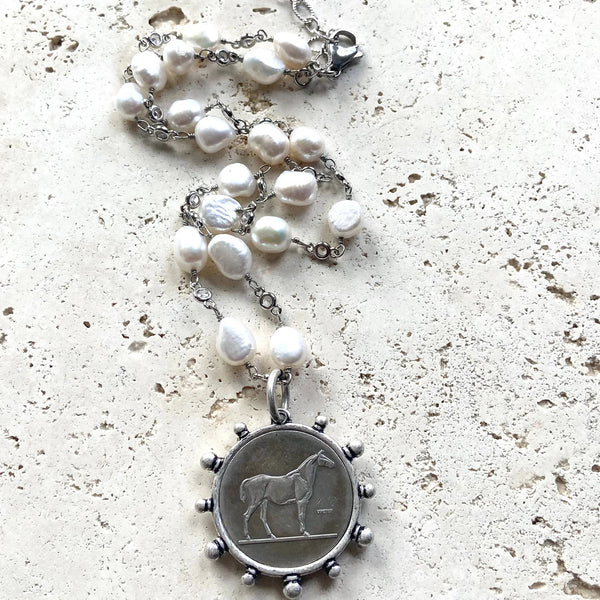 Pearl Necklace with Horse Coin Medallion