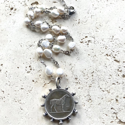Pearl Necklace with Horse Coin Medallion