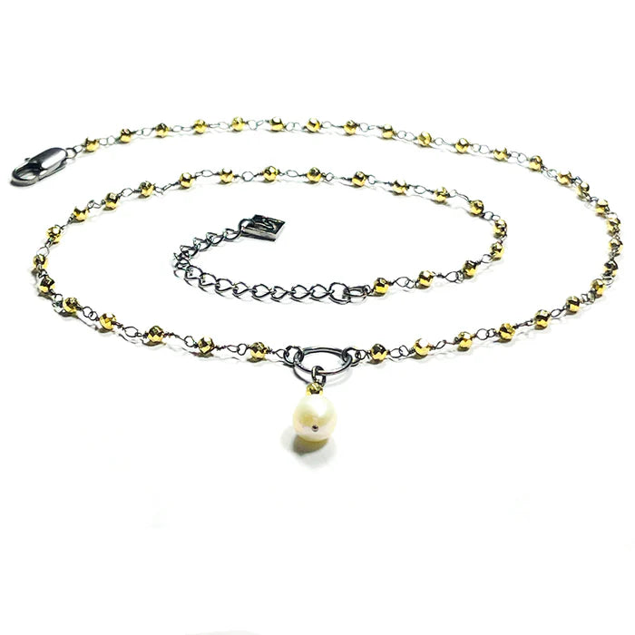 Bree Pyrite Rosary Chain with Baroque Pearl