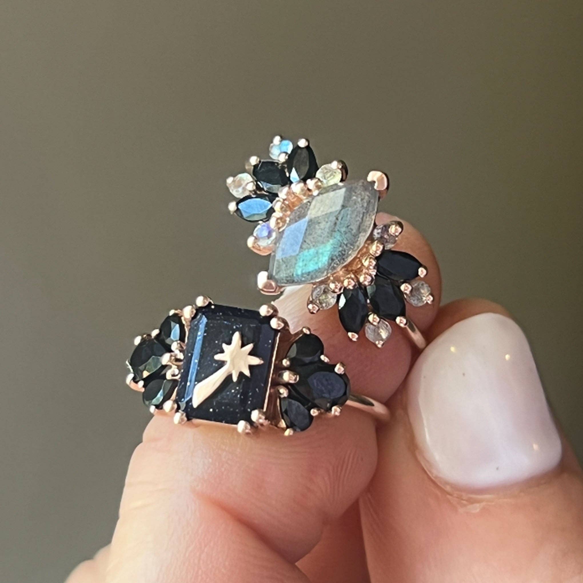 Rose Gold Sunstone & Black Onyx Wish Upon A Shooting Star Ri