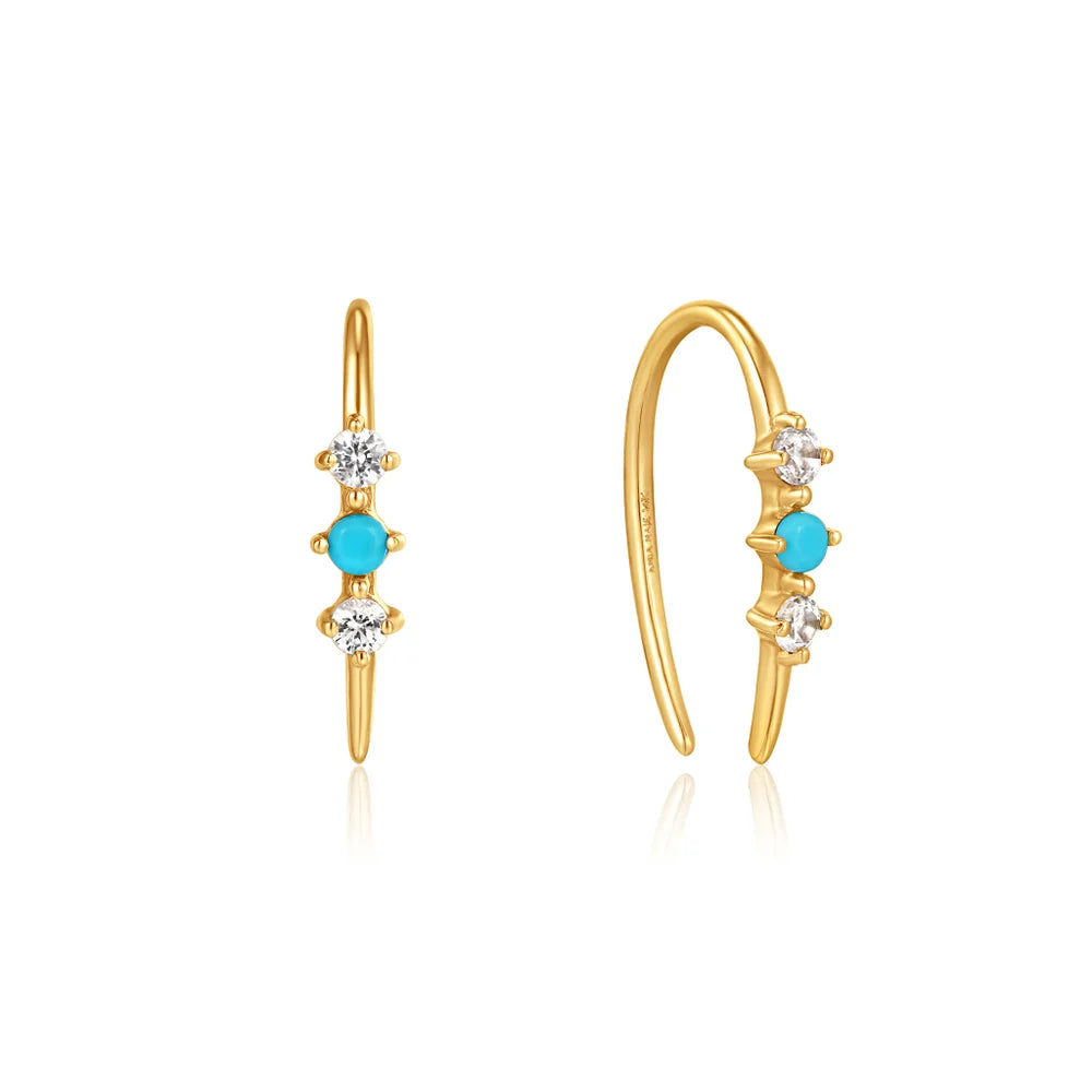 14K Gold Turquoise Cabochon and White Sapphire Hook Earrings