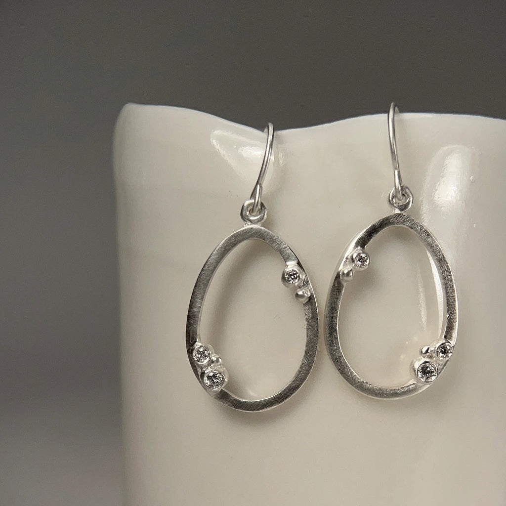 Encrusted Outlined Egg Earrings - Sterling Silver