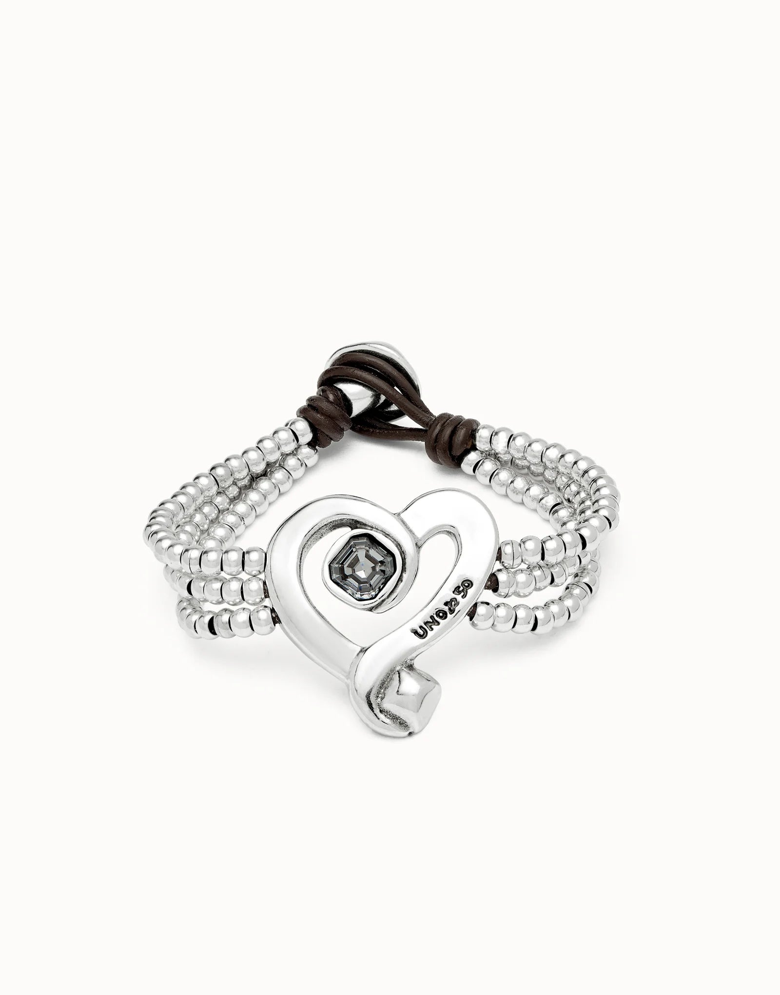 Leather Heart Beaded Bracelet with Black Crystal