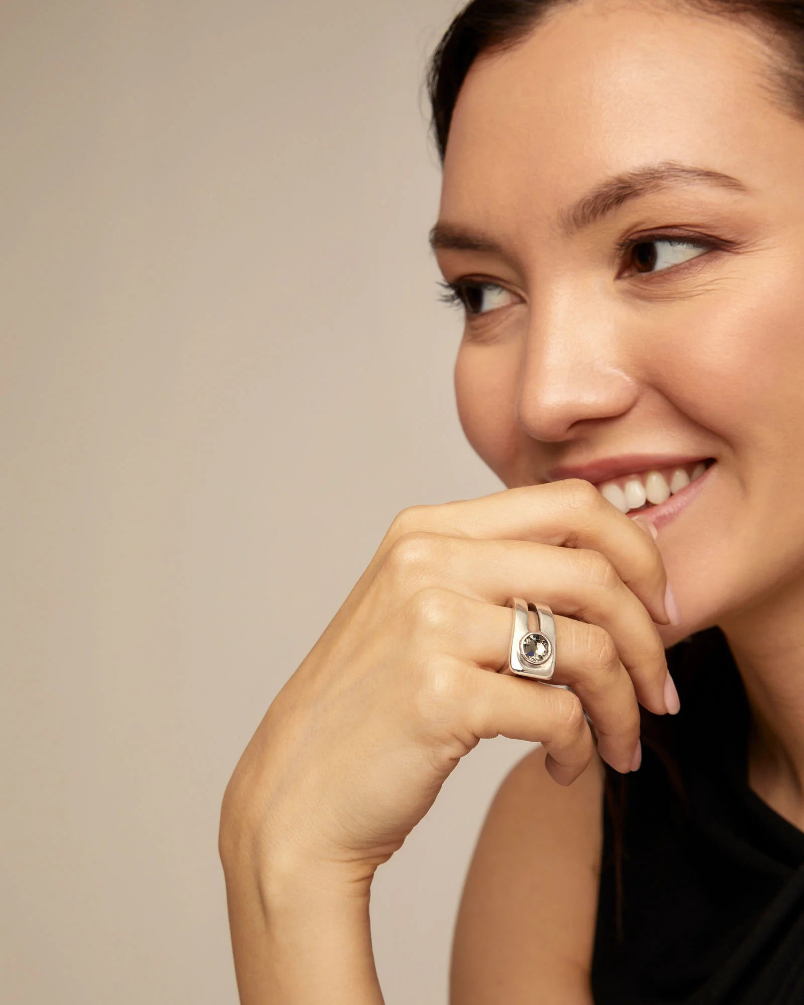 Sterling Silver-Plated Ring with Faceted Gray Crystal