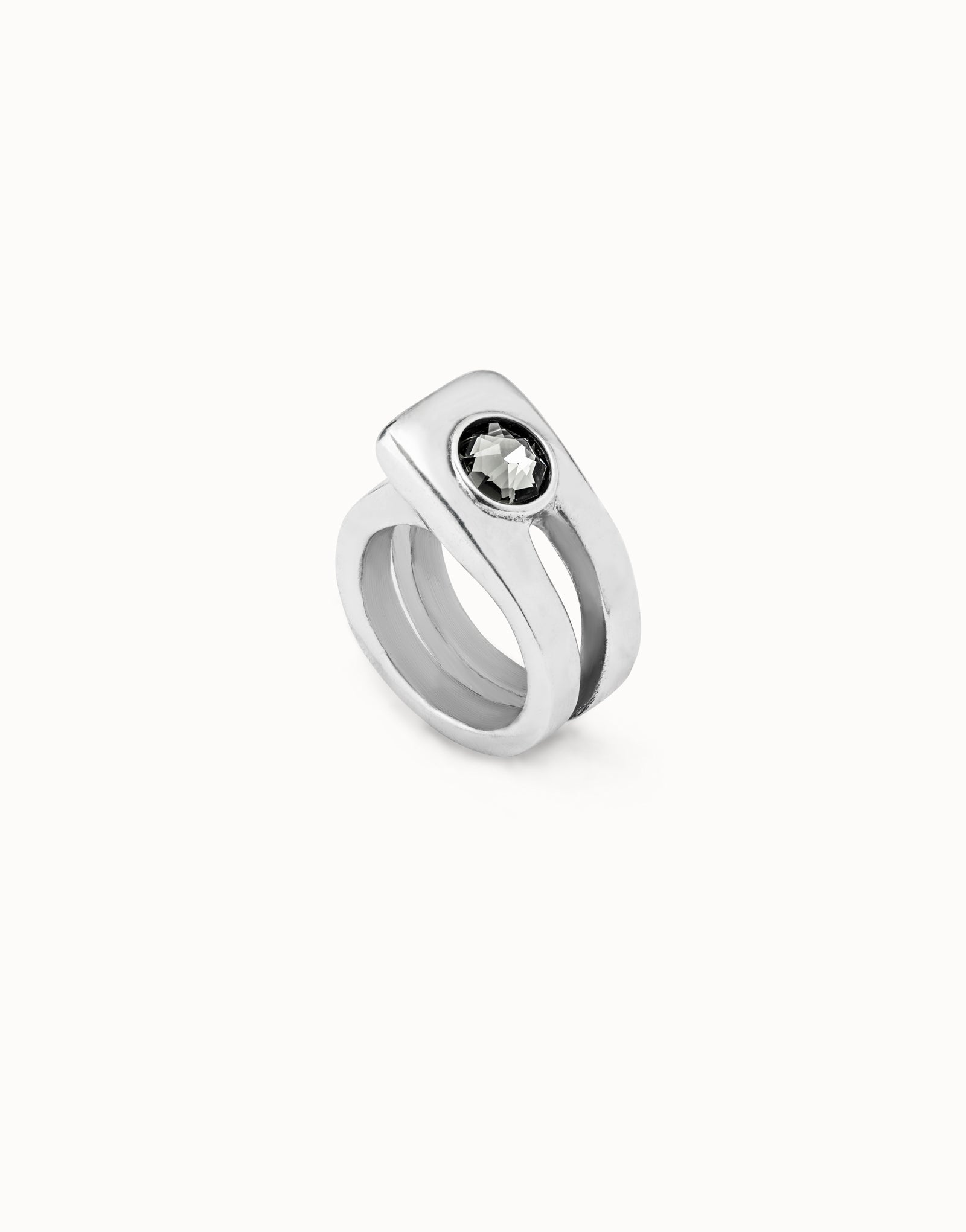 Sterling Silver-Plated Ring with Faceted Gray Crystal