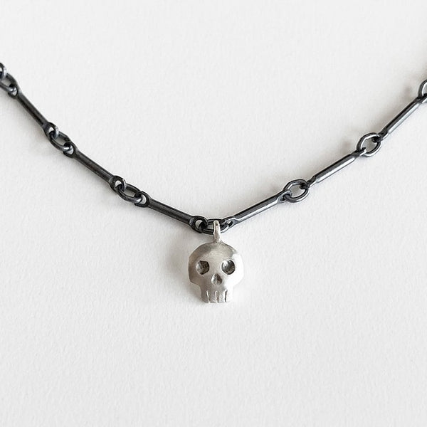 Tiny Skull Necklace, Oxidized bar Loop Chain