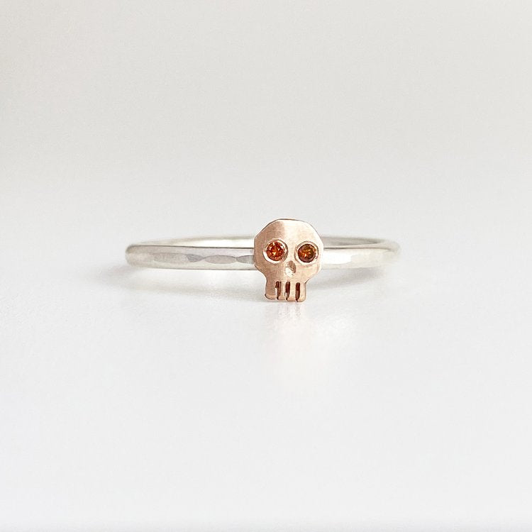 Single skull ring, mixed metals with Rubies