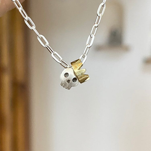 Tiny Skull with Gold Crown Charm Necklace