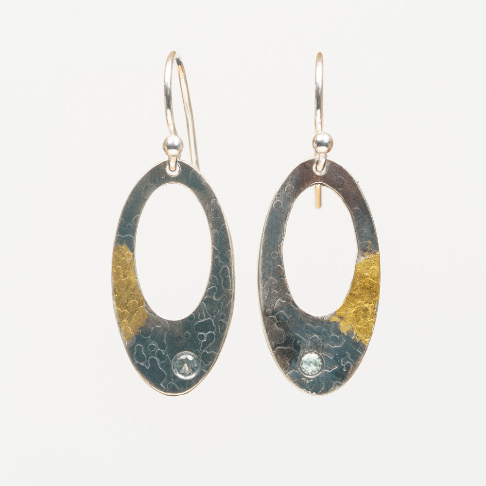 Small Sterling Hoop Earrings with 24Kt Gold and 2mm faceted blue topaz