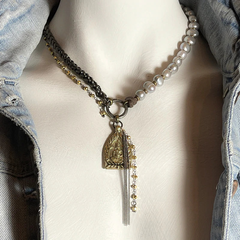 Gabriela Pearl and Pyrite Necklace with Buddha