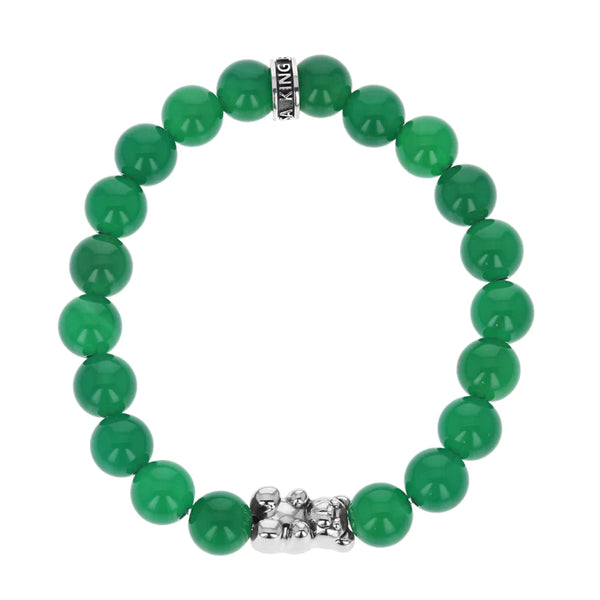 10mm Green Agate Beaded Bracelet w/ Large Silver Gummie Bear