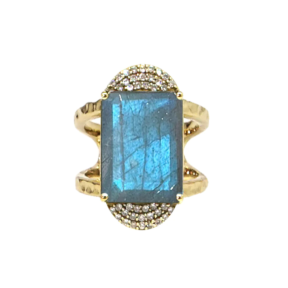 Kosor Emerald Cut Labradorite Gold Ring