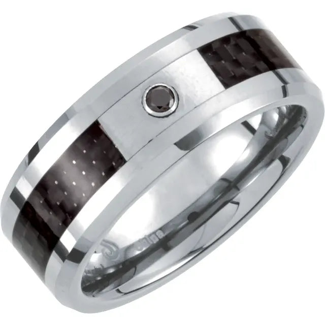 Men's Tungsten Band with Diamond and Black Carbon Fiber