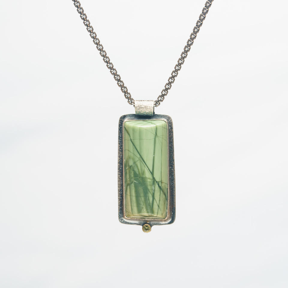 Treescape Pendant. Imperial Jasper with 2mm Faceted Green Sapphire set in Gold