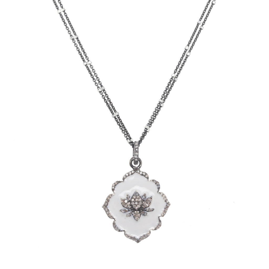 Diamond Dusted White Enamel Lotus Necklace
