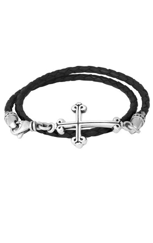 Thin Braided Leather Traditional Cross Double Wrap Bracelet